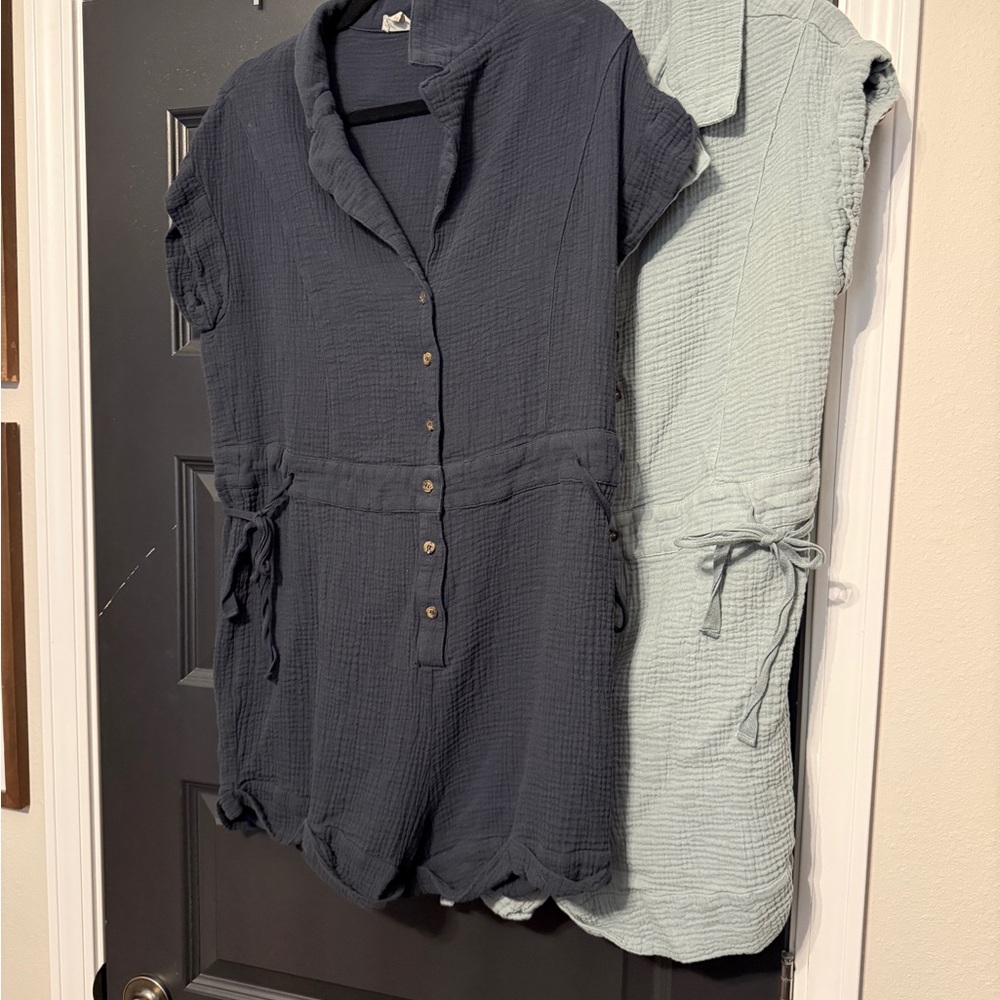 10- Hem & Thread Women's Button-Up Romper Bundle- Dark Blue and Light Green